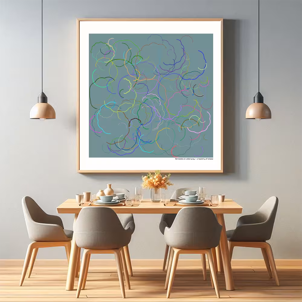 152 blades on veiled gray — a tapestry of eclipse in room setting