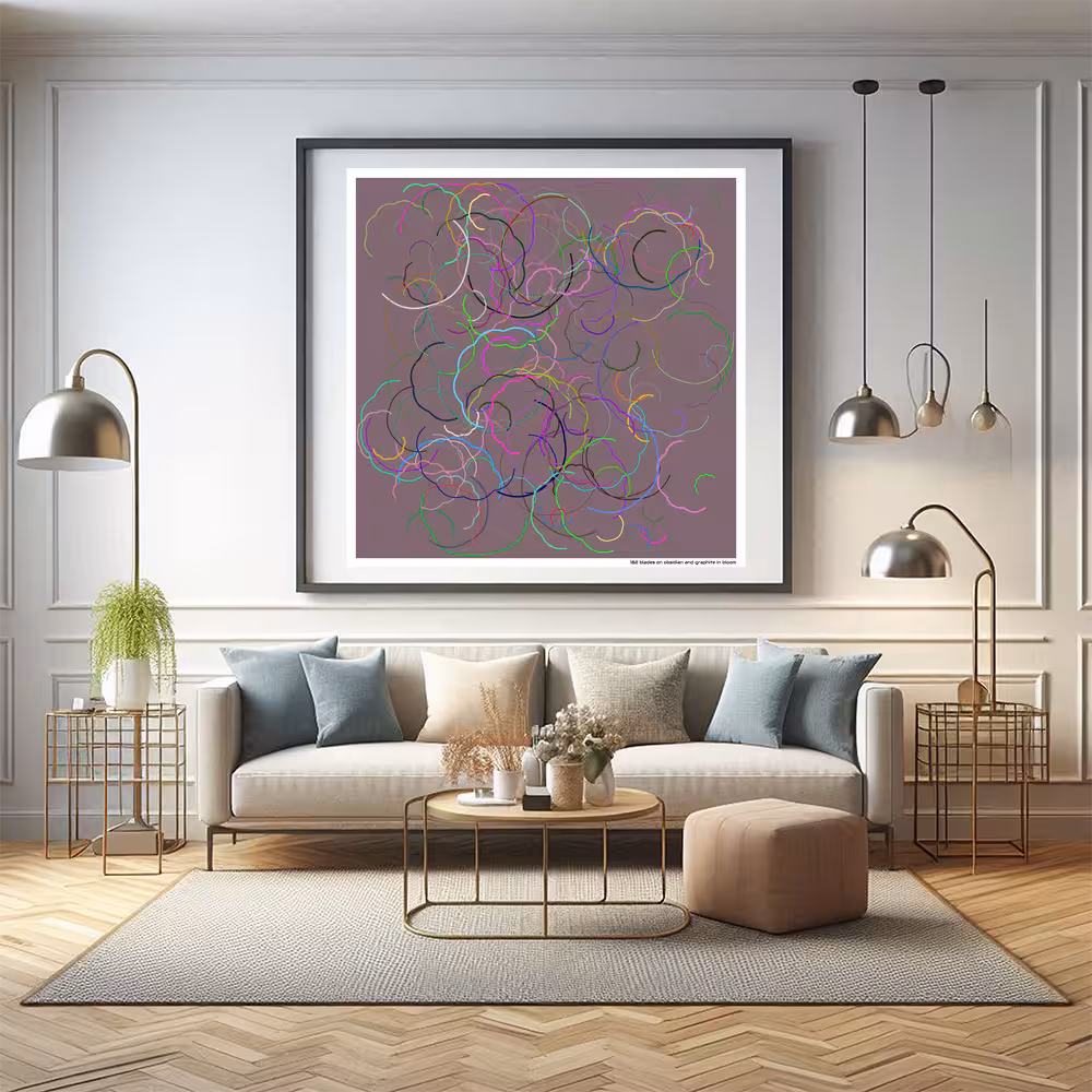 182 blades on obsidian and graphite in bloom in room setting