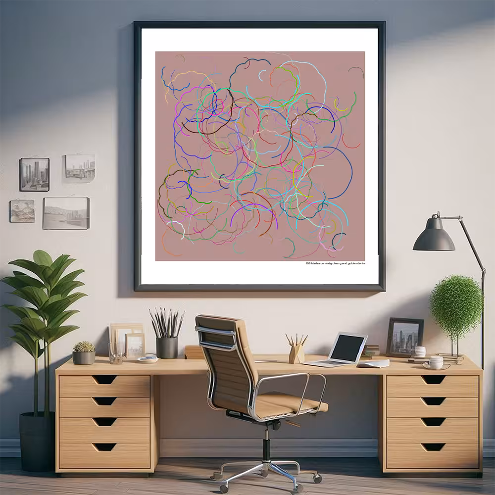 153 blades on misty cherry and golden denim in room setting