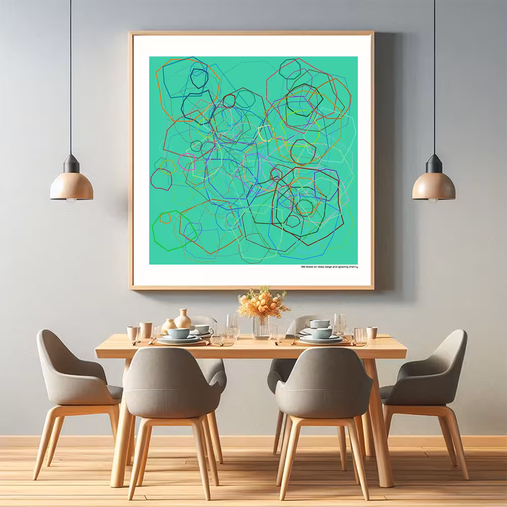 136 blobs on deep beige and glowing cherry in room setting