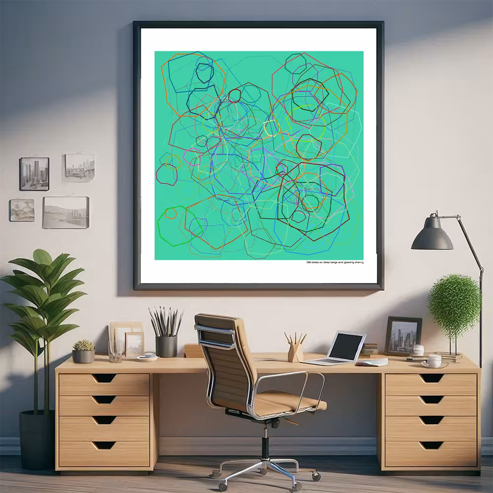 136 blobs on deep beige and glowing cherry in room setting