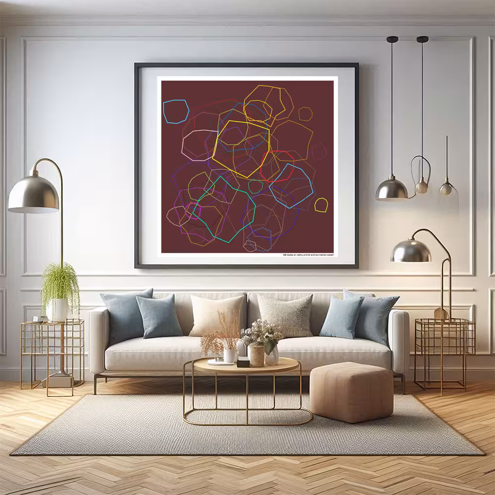 50 blobs on misty orchid and burnished cobalt in room setting