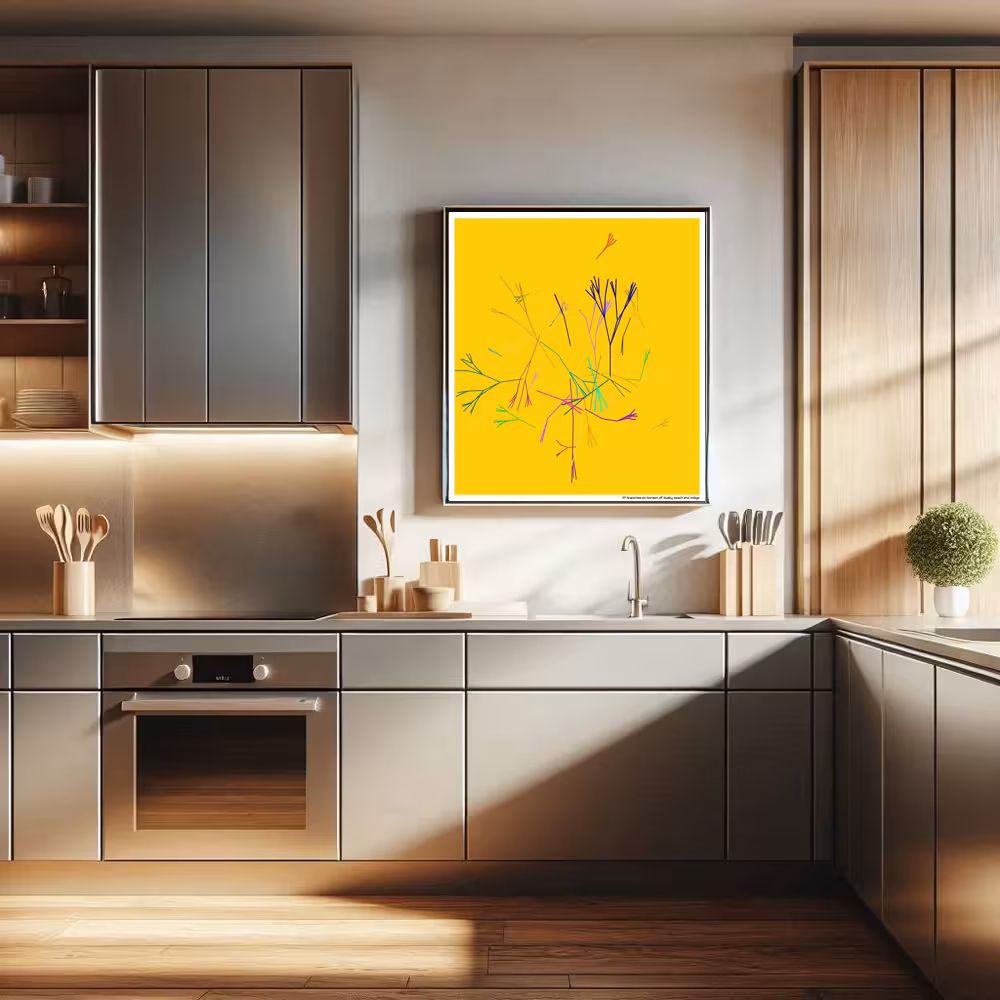 117 branches on horizon of dusky peach and indigo in room setting