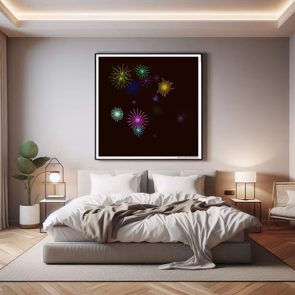 18 burst on black amid the silence in room setting