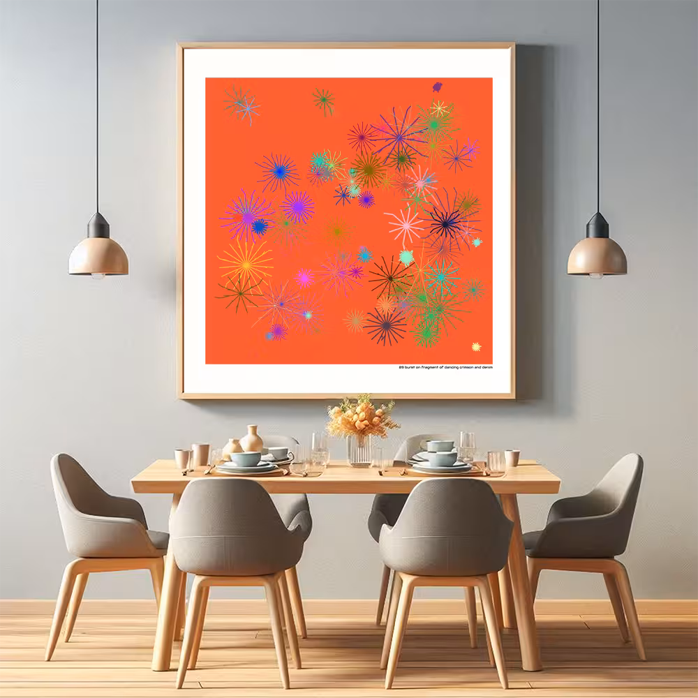 89 burst on fragment of dancing crimson and denim in room setting