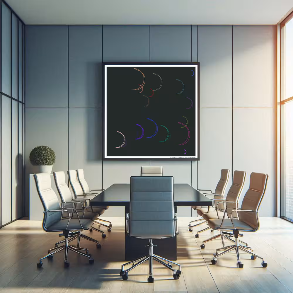 18 crescents on bleached gray with a horizon in room setting