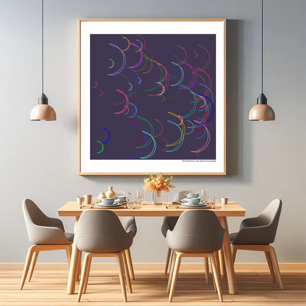 63 crescents on rose amid nocturnal sepia in room setting