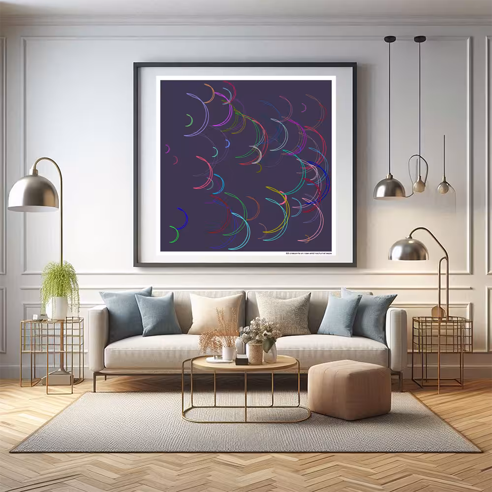 63 crescents on rose amid nocturnal sepia in room setting