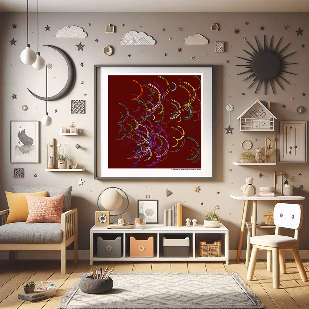 83 crescents on golden silver and velvet of requiem in room setting