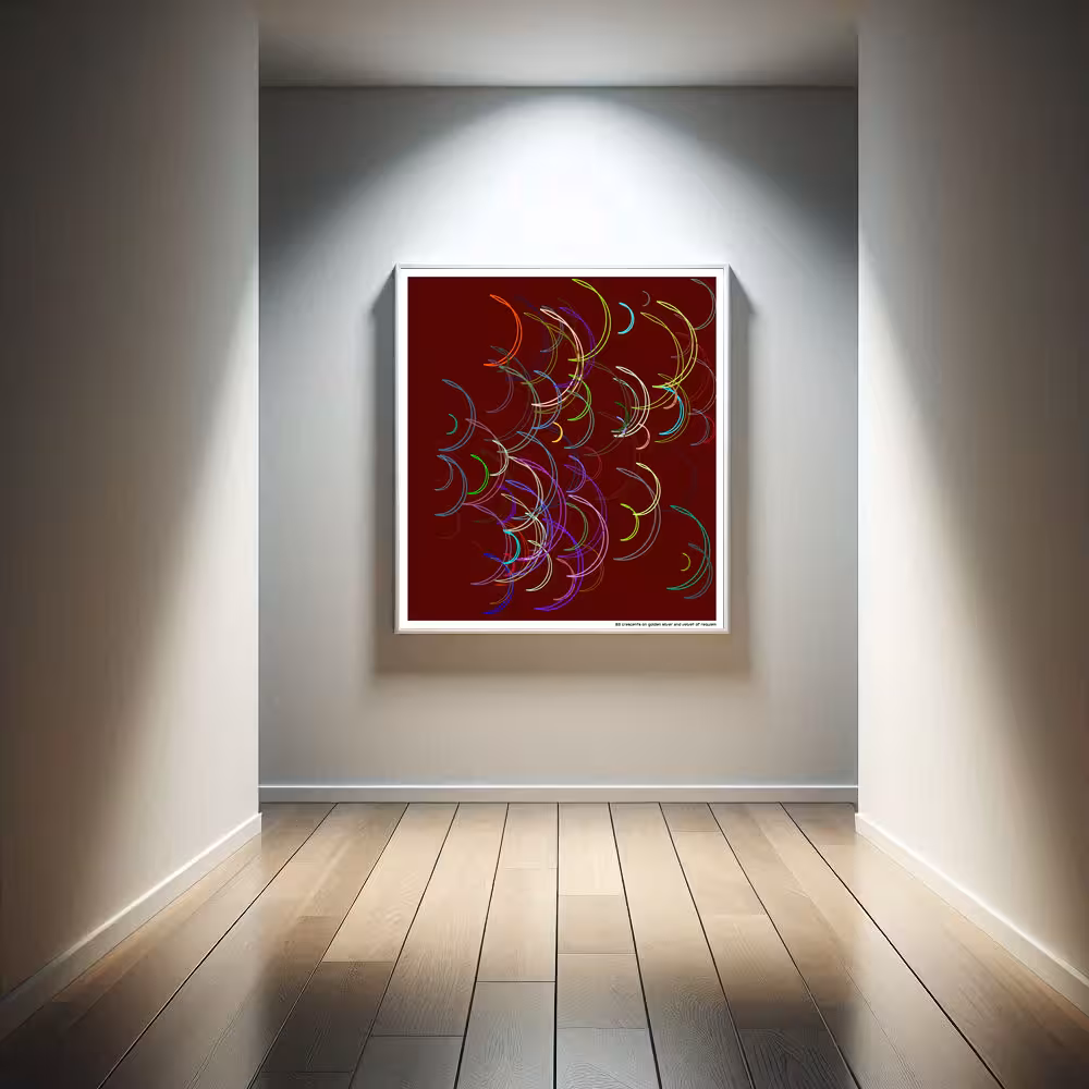 83 crescents on golden silver and velvet of requiem in room setting