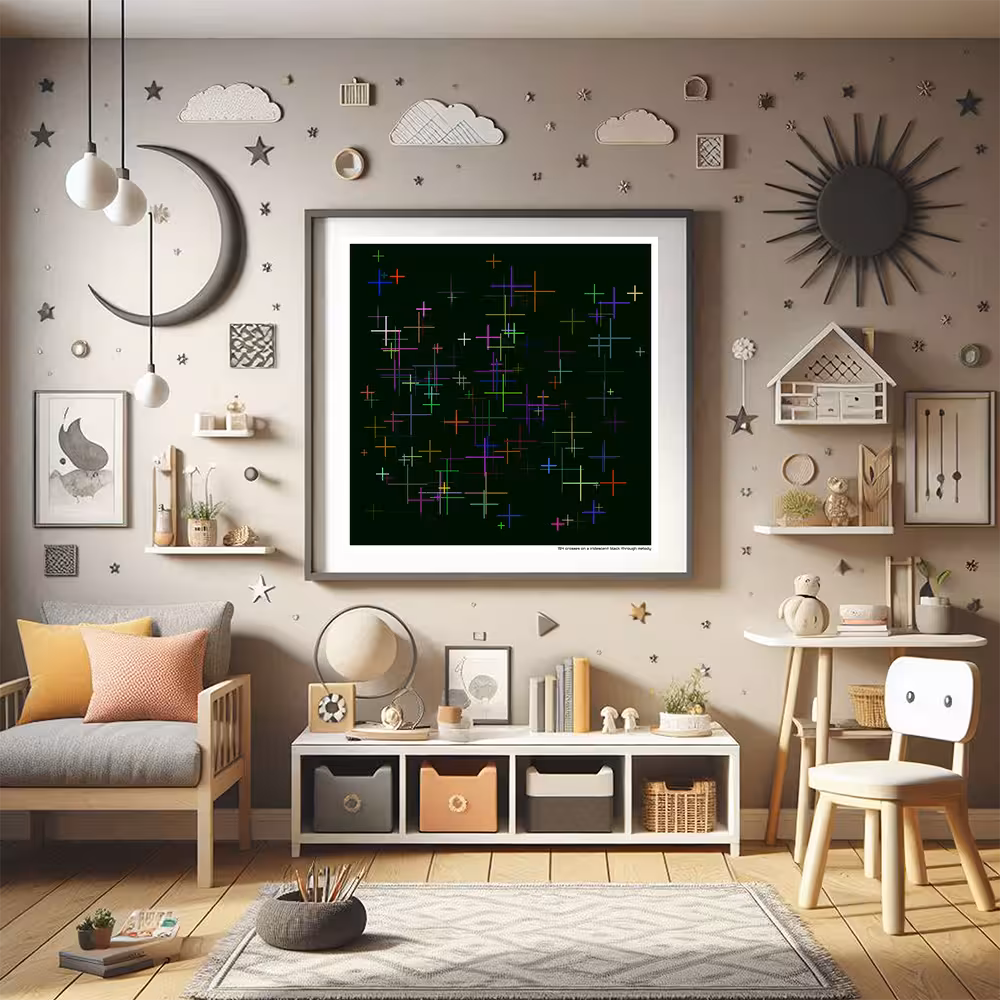 154 crosses on a iridescent black through melody in room setting