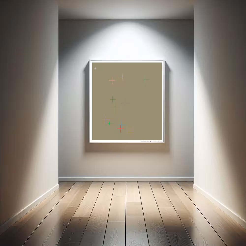 12 crosses on velvety white and luminous snow in room setting