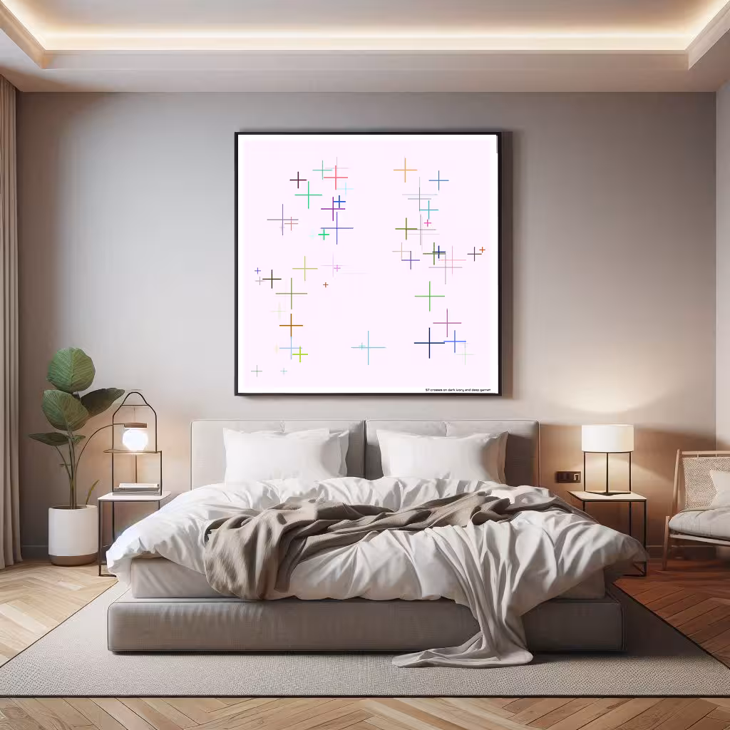 57 crosses on dark ivory and deep garnet in room setting