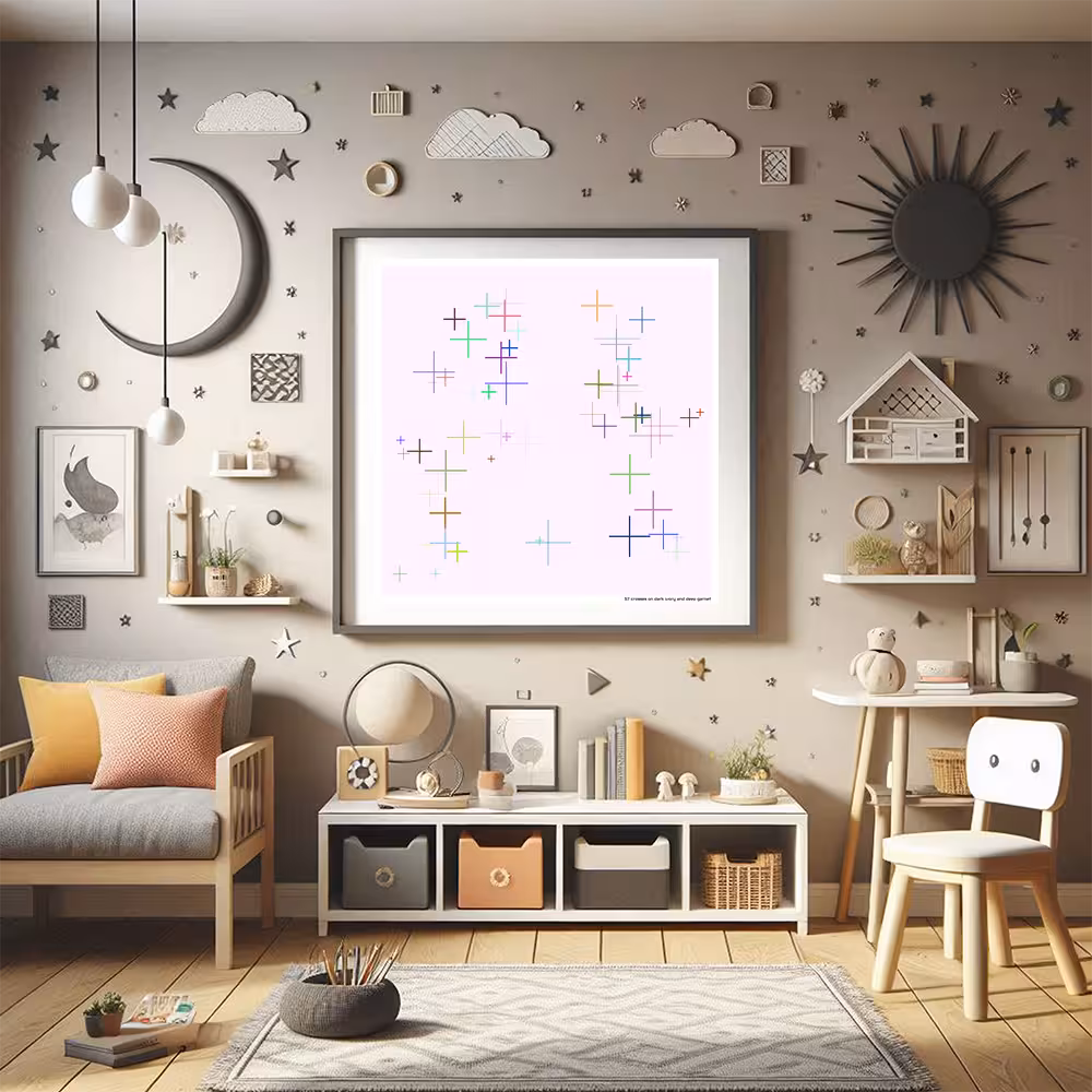 57 crosses on dark ivory and deep garnet in room setting