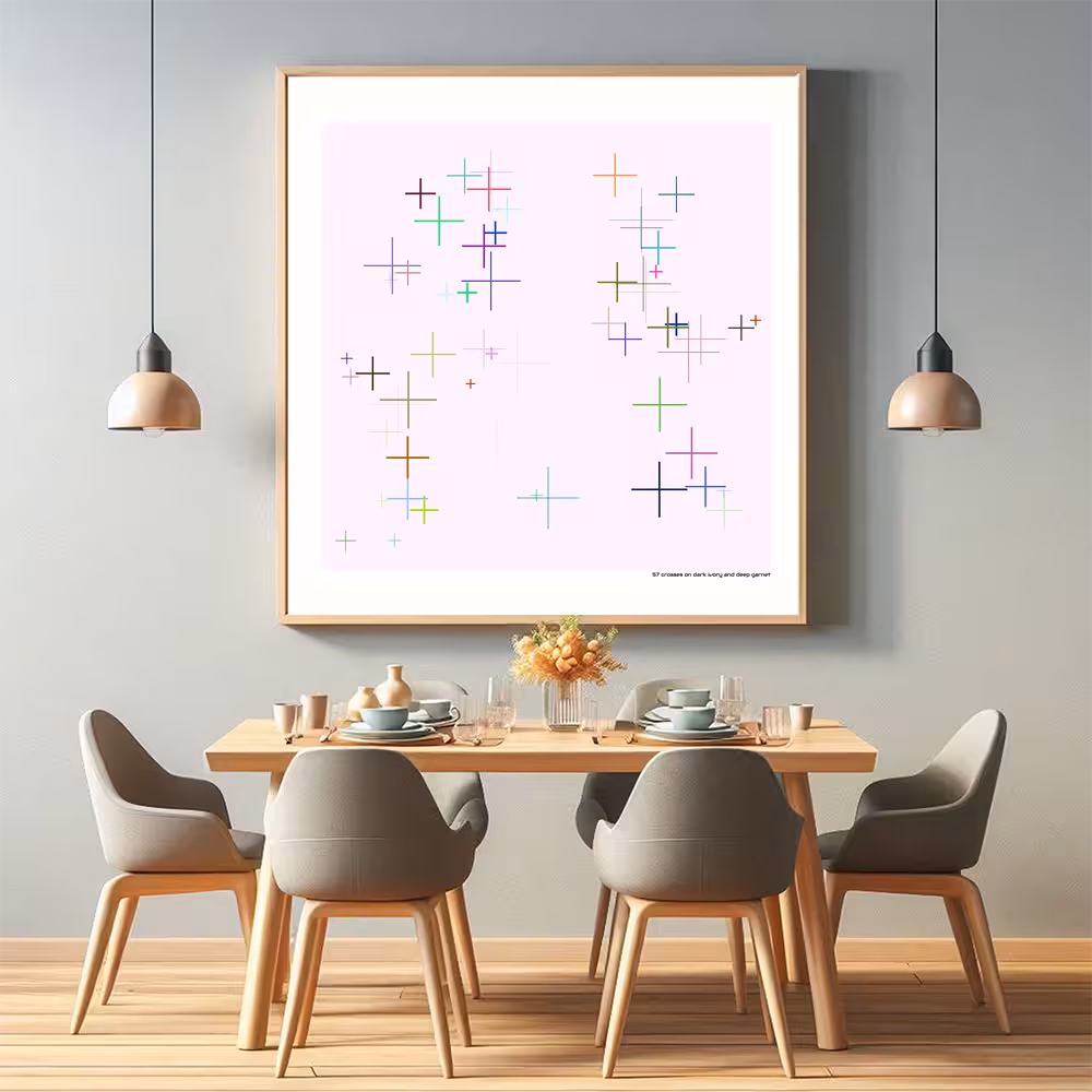 57 crosses on dark ivory and deep garnet in room setting
