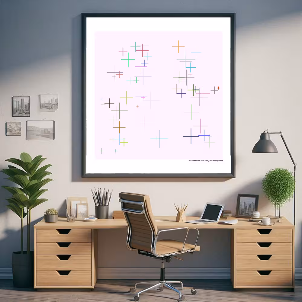 57 crosses on dark ivory and deep garnet in room setting