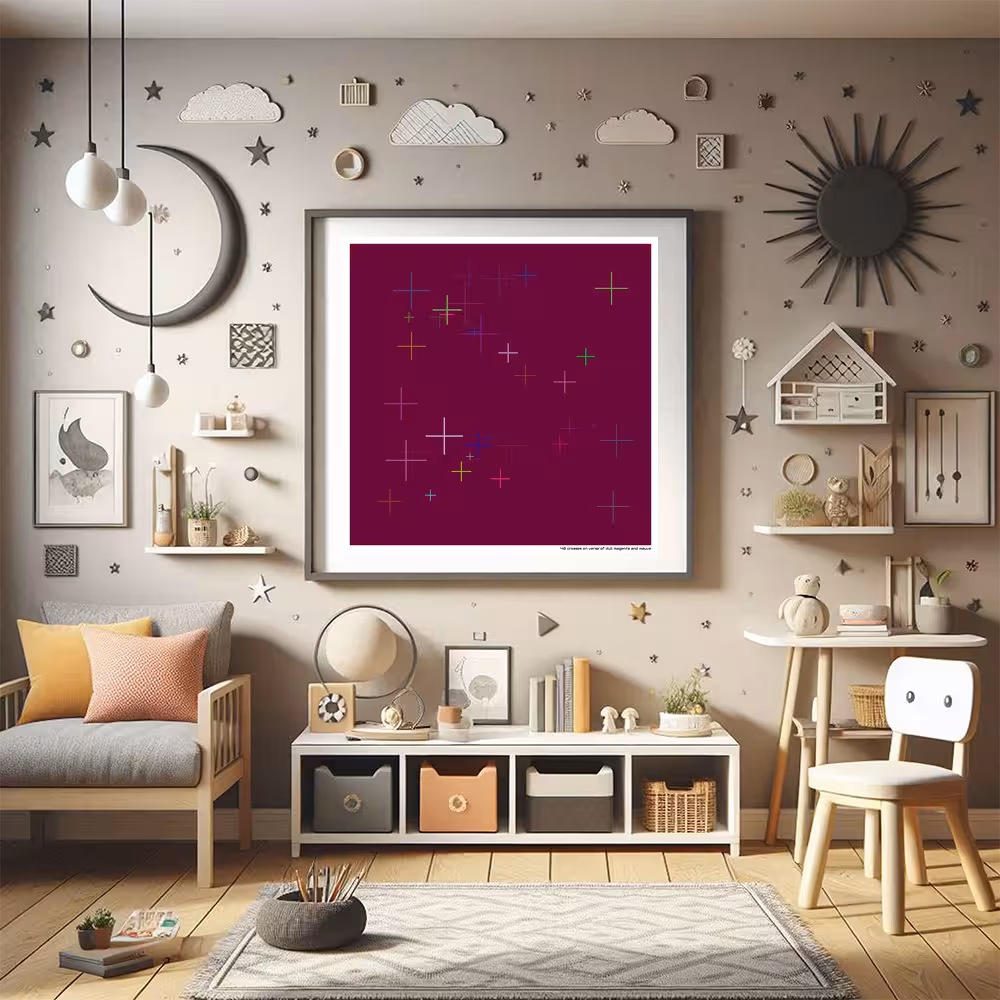 40 crosses on verse of dull magenta and mauve in room setting