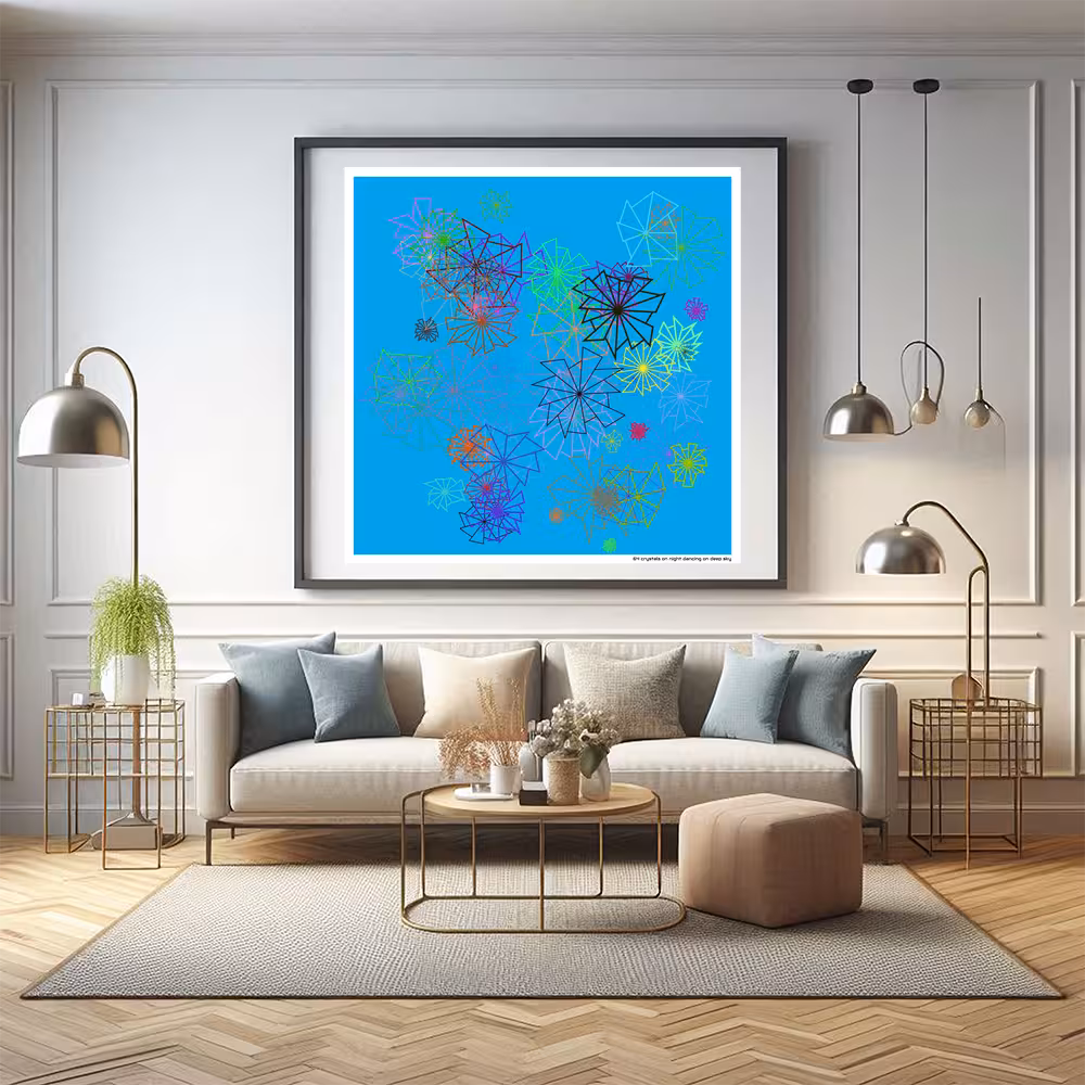 64 crystals on night dancing on deep sky in room setting