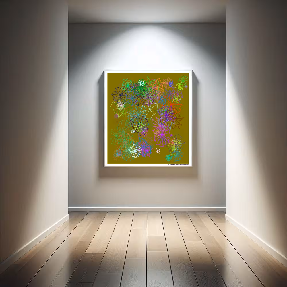 103 crystals on serene sand from lantern in room setting