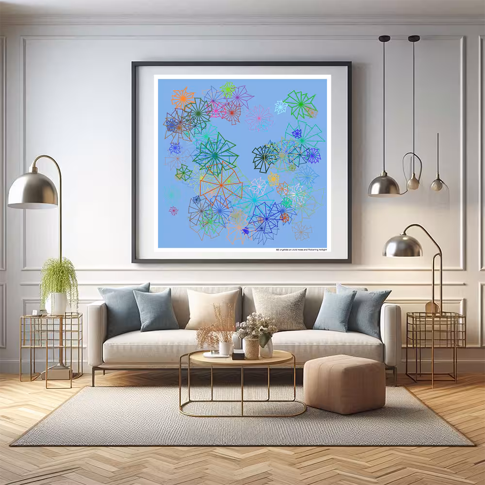 82 crystals on vivid moss and flickering twilight in room setting