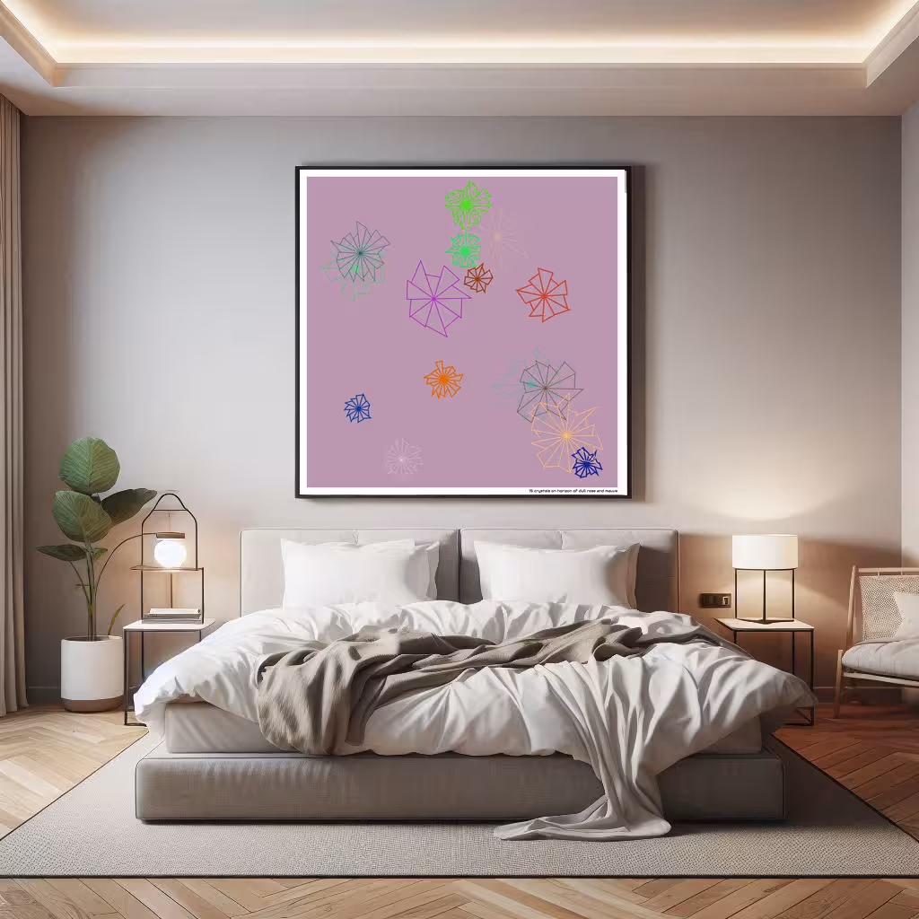 15 crystals on horizon of dull rose and mauve in room setting