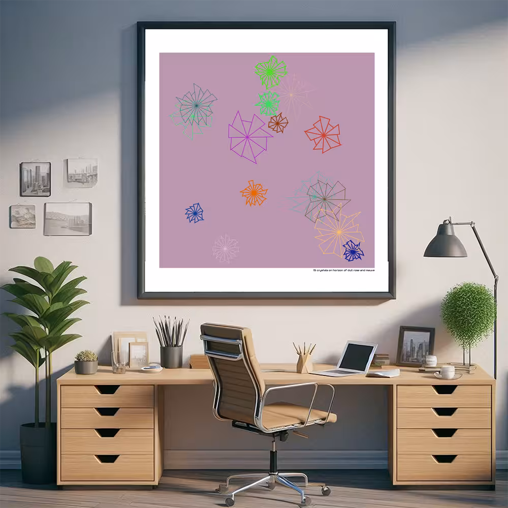 15 crystals on horizon of dull rose and mauve in room setting