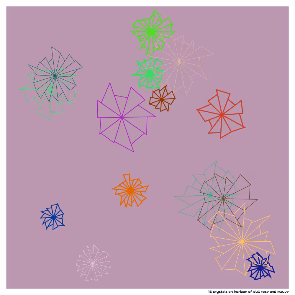 15 crystals on horizon of dull rose and mauve