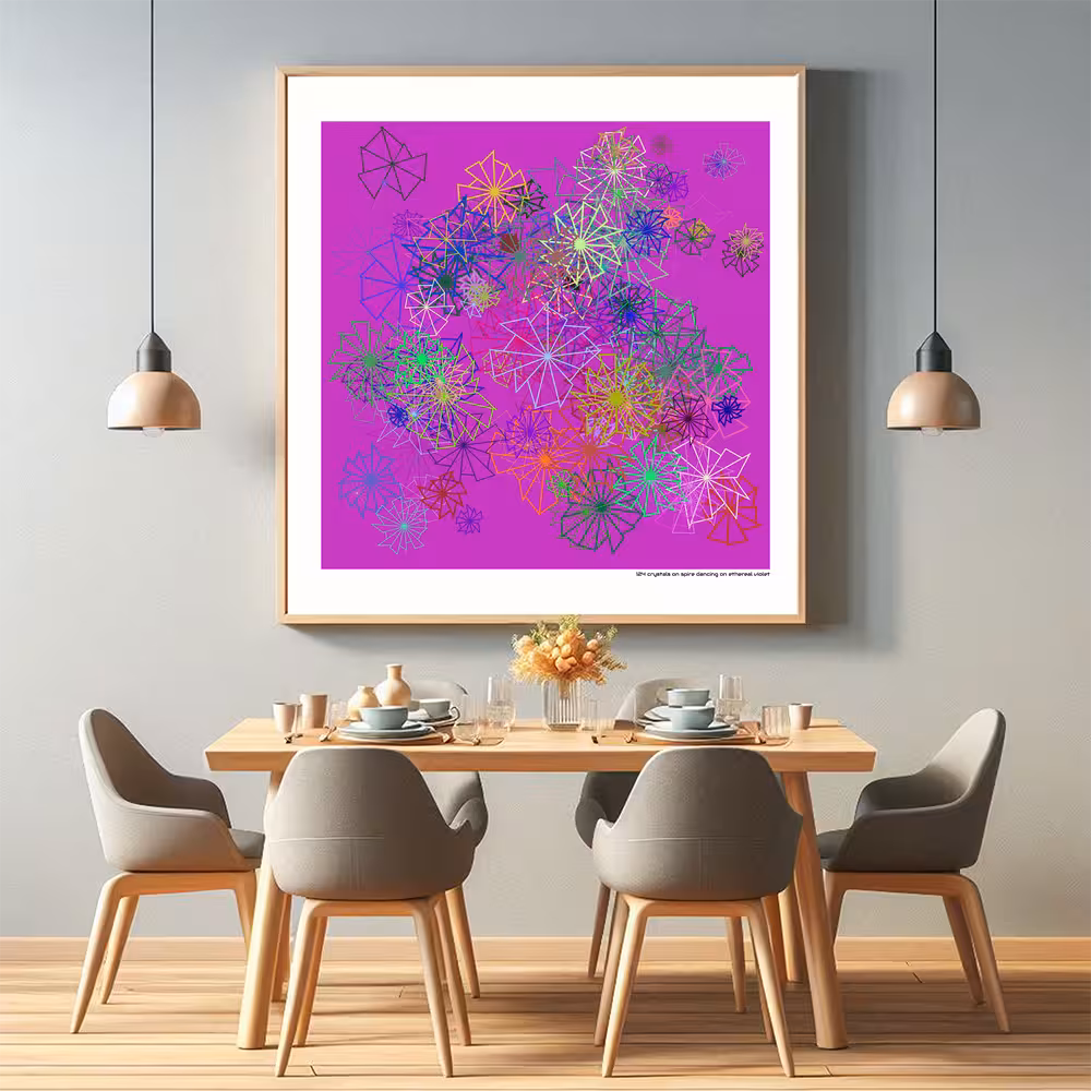 124 crystals on spire dancing on ethereal violet in room setting