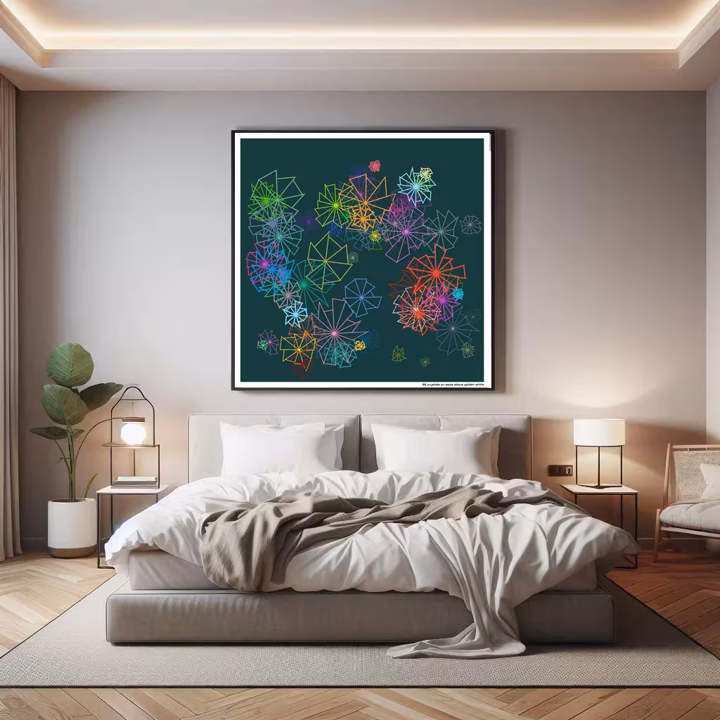 66 crystals on sepia above golden white in room setting