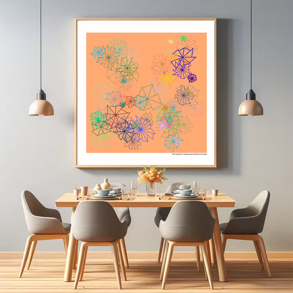 63 crystals on hollow aqua of field and bloom in room setting