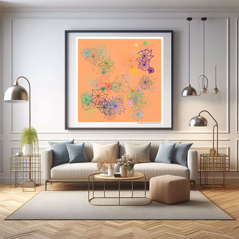 63 crystals on hollow aqua of field and bloom in room setting