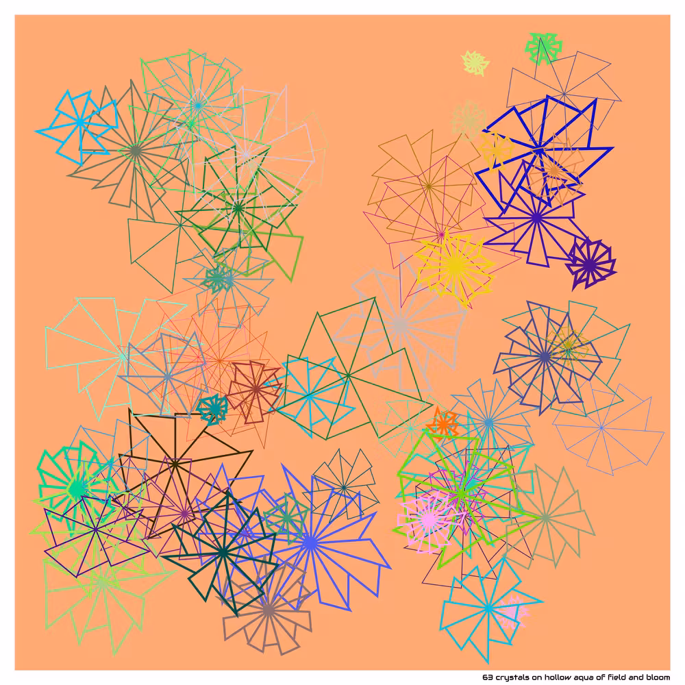 63 crystals on hollow aqua of field and bloom