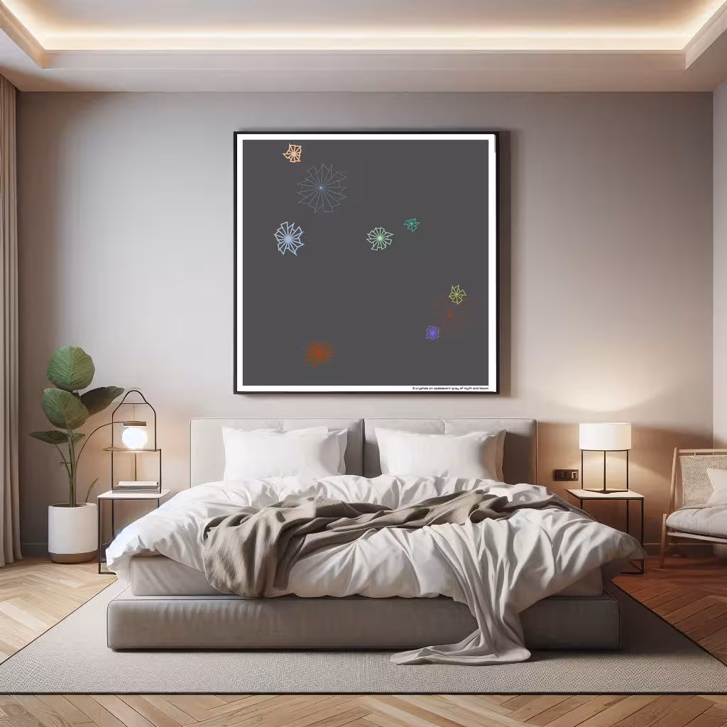 9 crystals on opalescent gray of myth and bloom in room setting