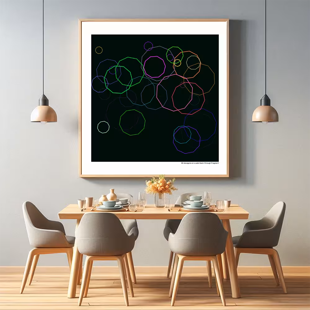 33 decagons on a pale black through fragment in room setting