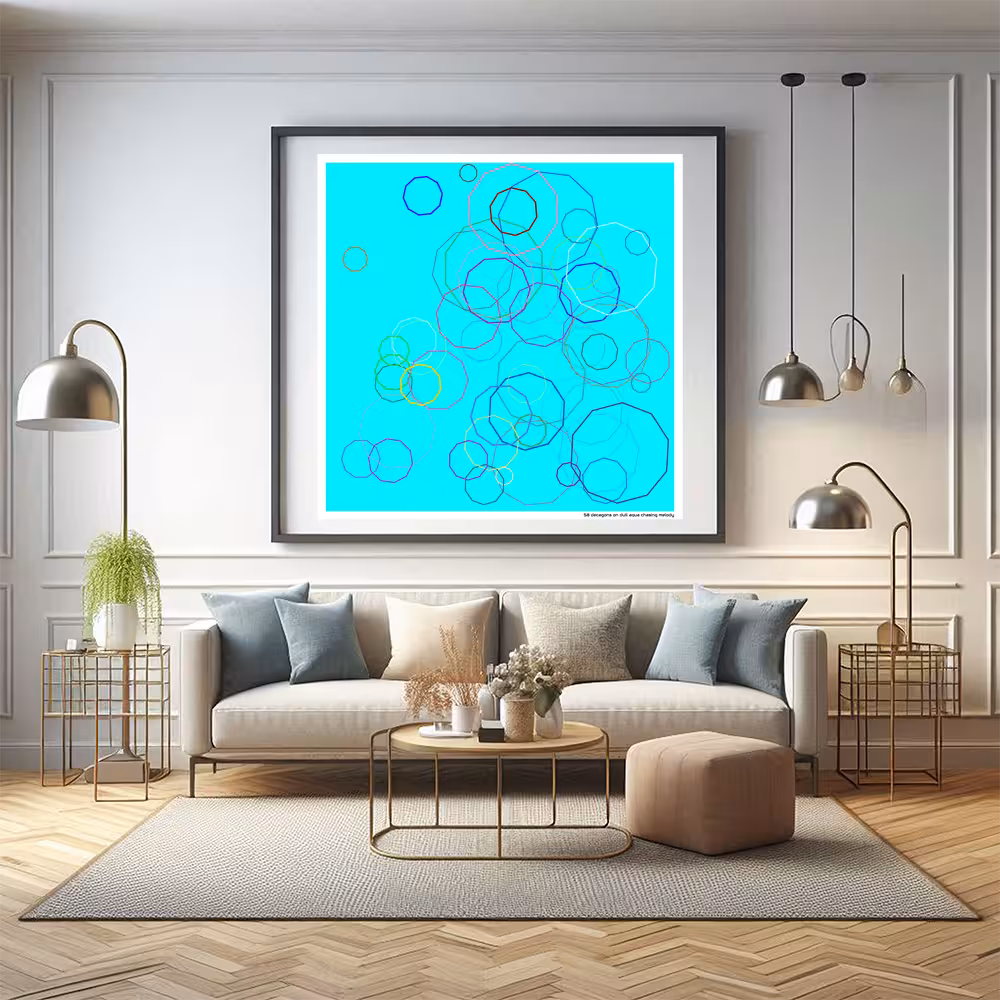 58 decagons on dull aqua chasing melody in room setting