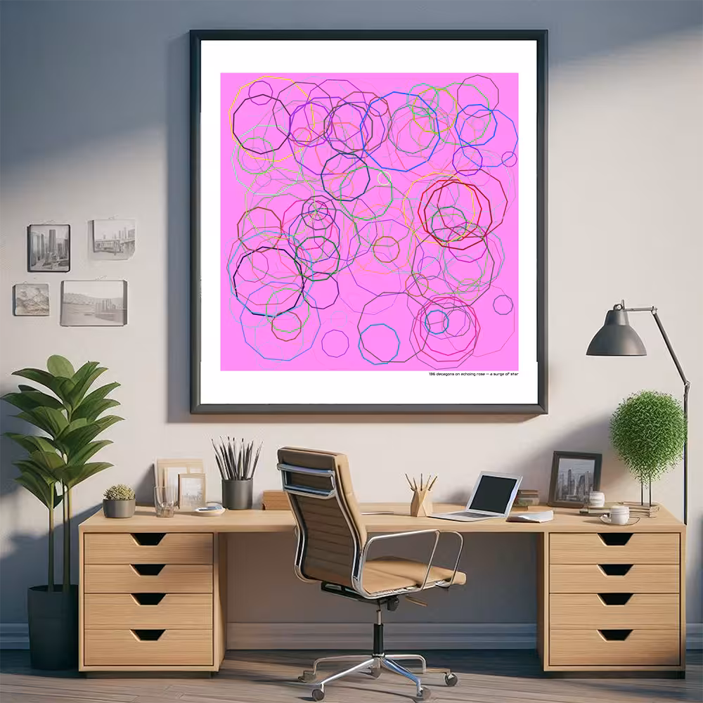 136 decagons on echoing rose — a surge of star in room setting