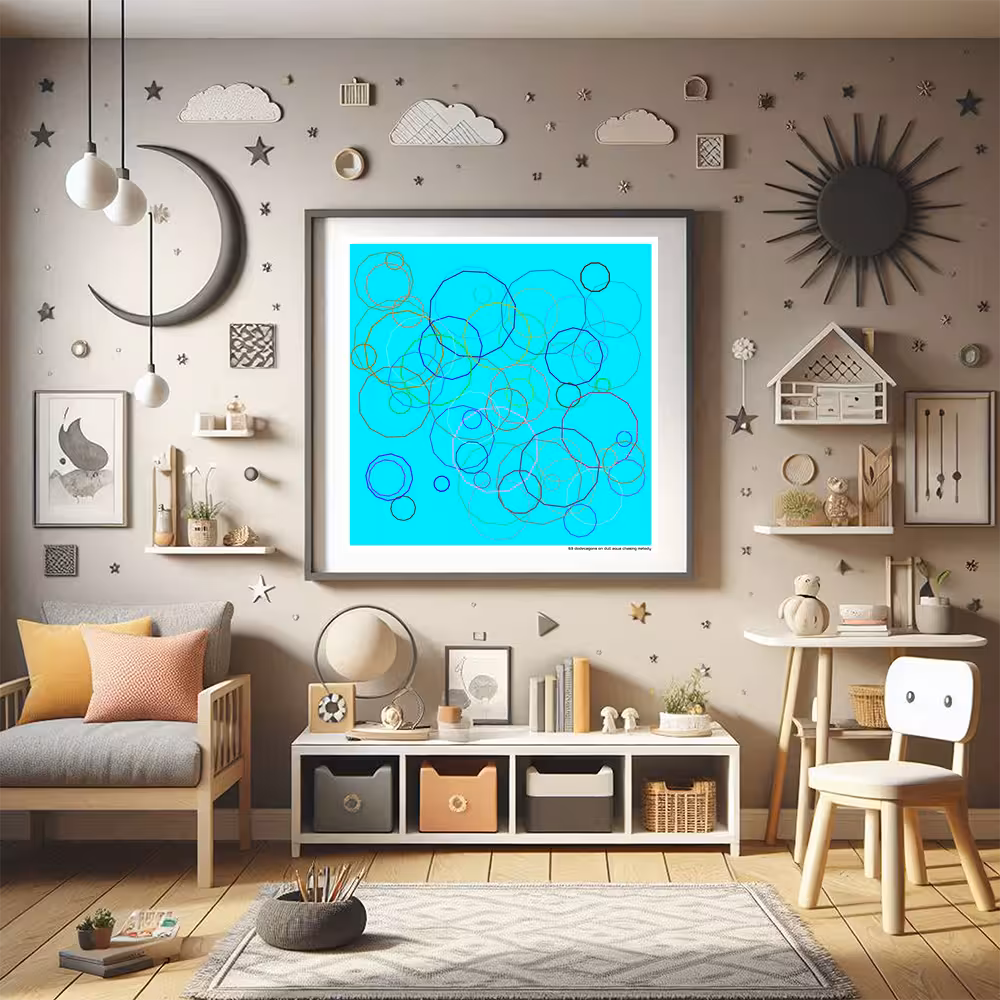 63 dodecagons on dull aqua chasing melody in room setting