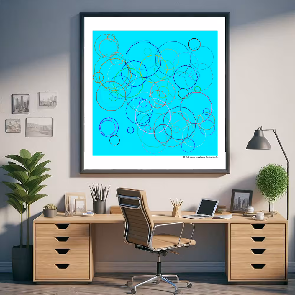 63 dodecagons on dull aqua chasing melody in room setting