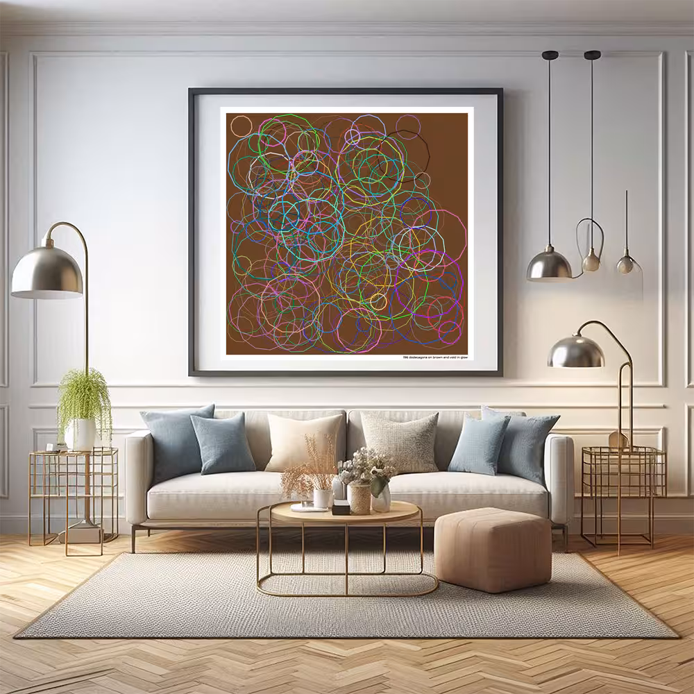 196 dodecagons on brown and void in glow in room setting
