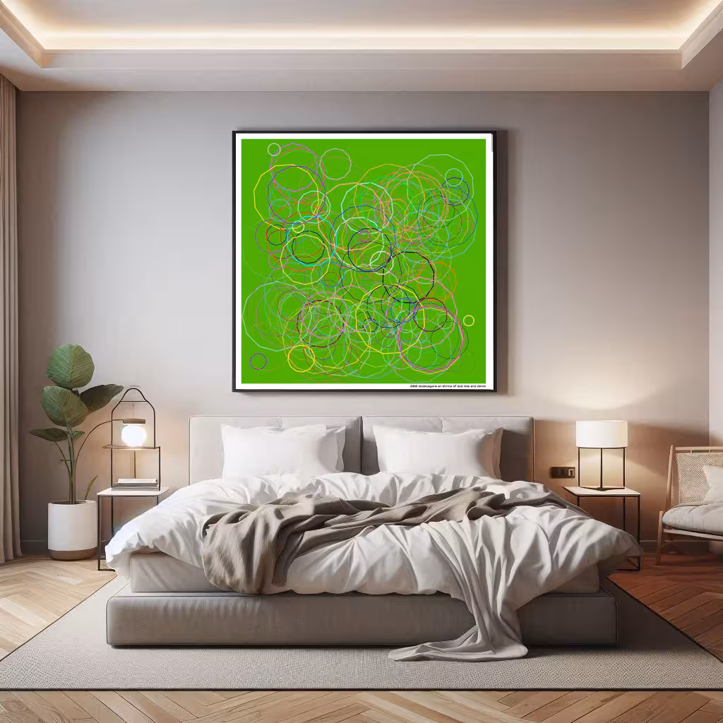 200 dodecagons on shrine of dull lime and denim in room setting