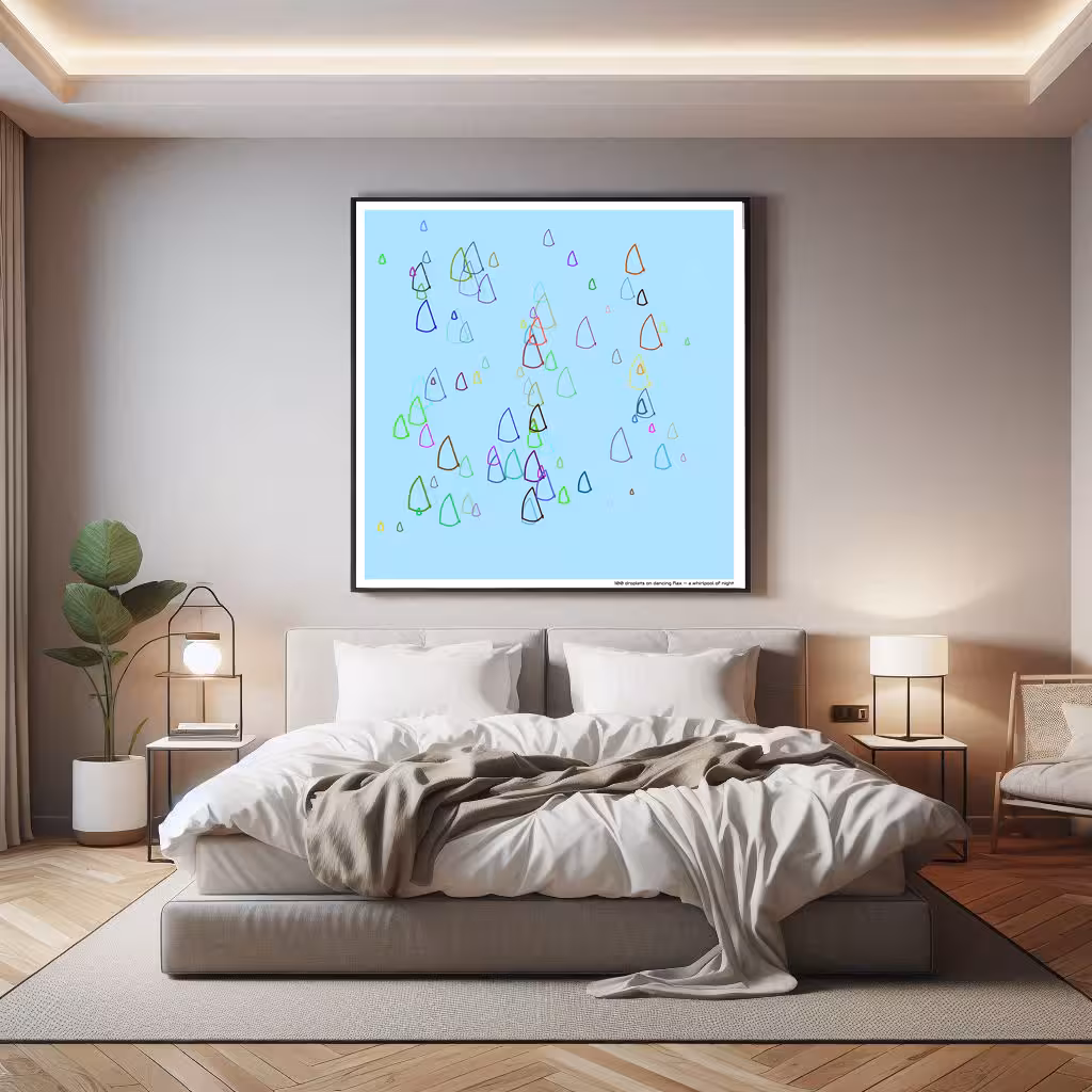 100 droplets on dancing flax — a whirlpool of night in room setting