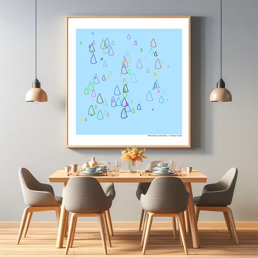 100 droplets on dancing flax — a whirlpool of night in room setting