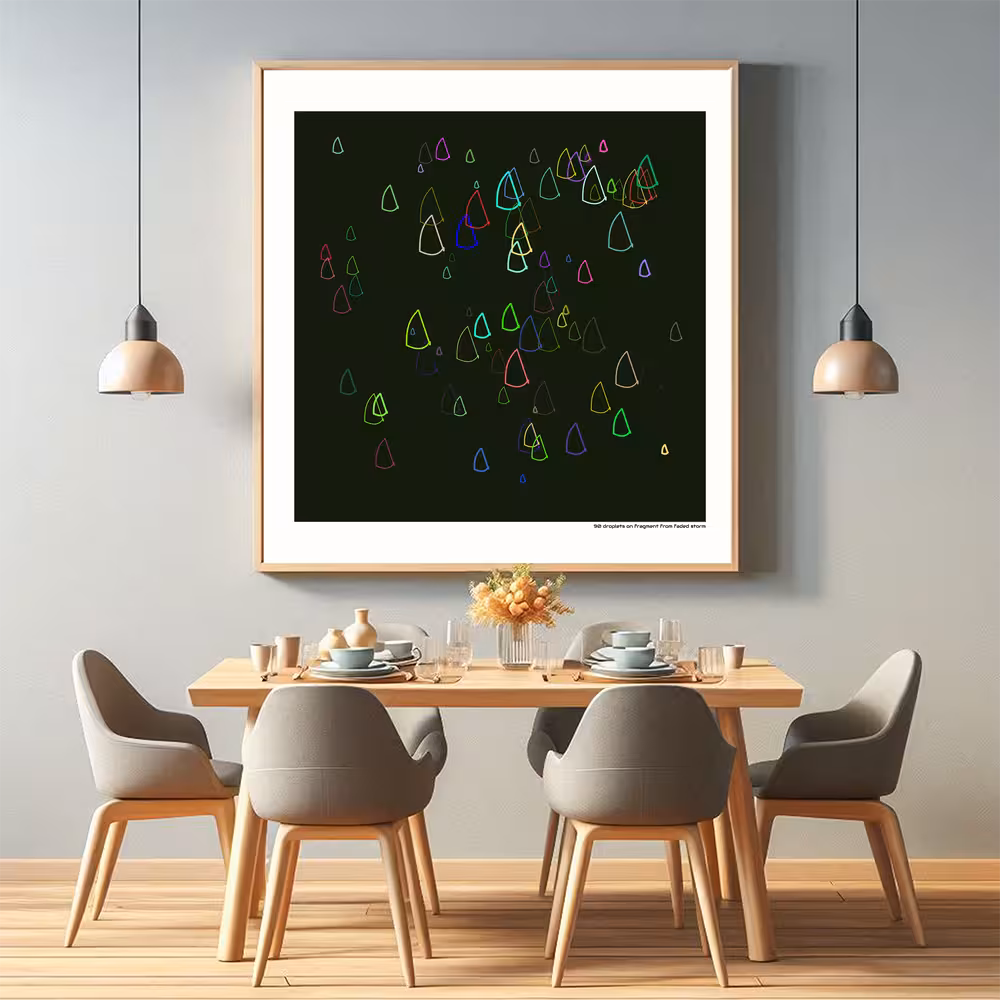 90 droplets on fragment from faded storm in room setting