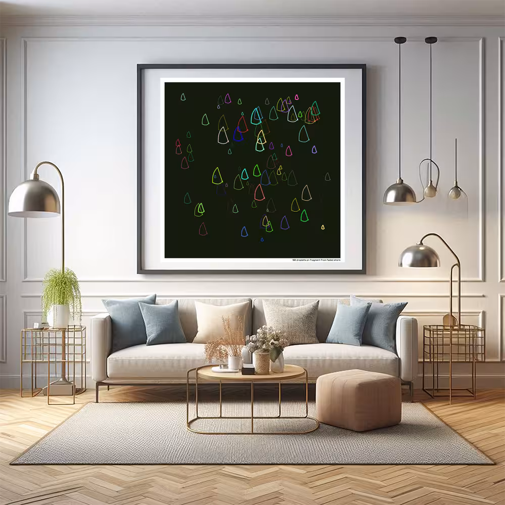 90 droplets on fragment from faded storm in room setting