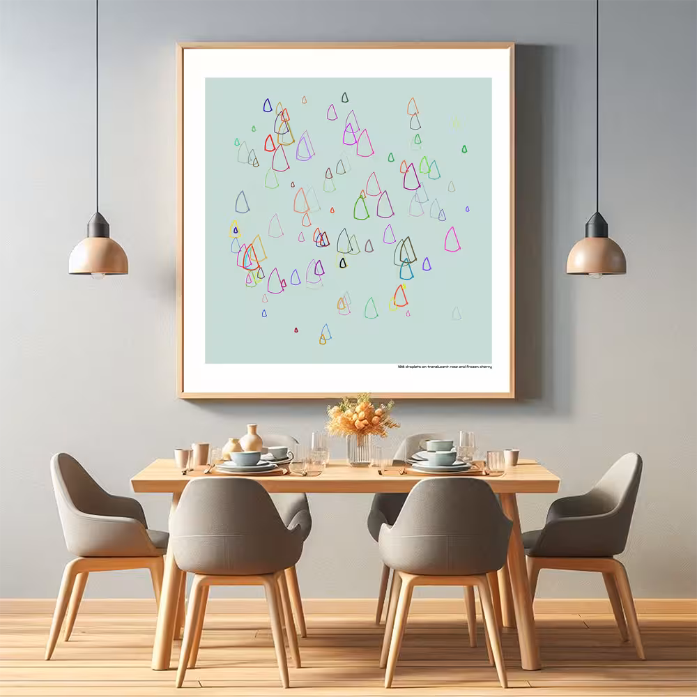 108 droplets on translucent rose and frozen cherry in room setting