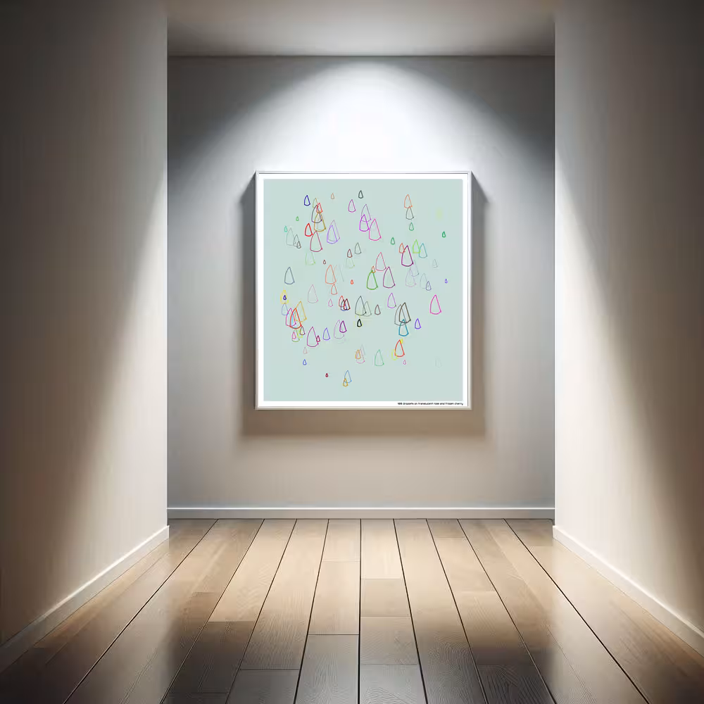 108 droplets on translucent rose and frozen cherry in room setting