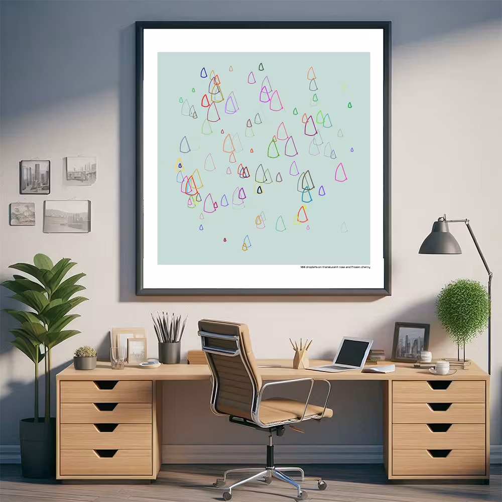 108 droplets on translucent rose and frozen cherry in room setting