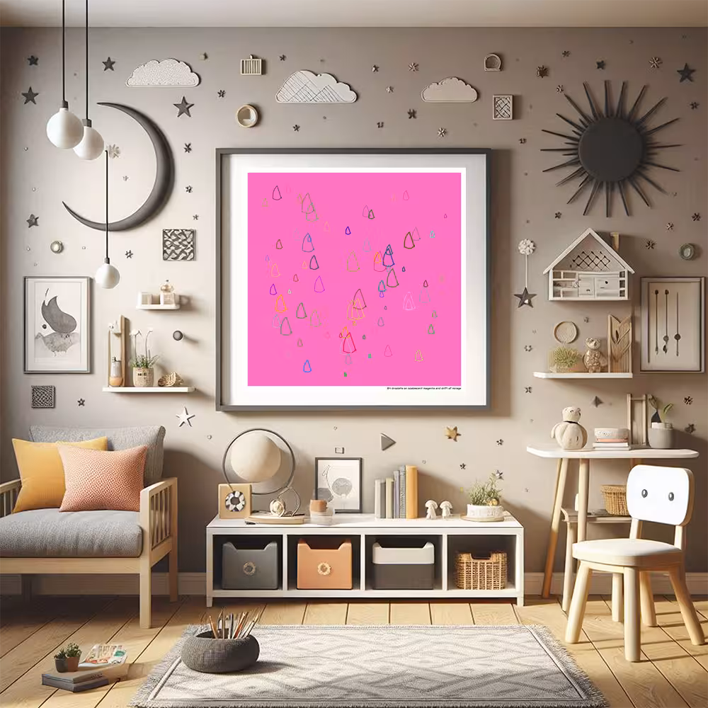 84 droplets on opalescent magenta and drift of mirage in room setting