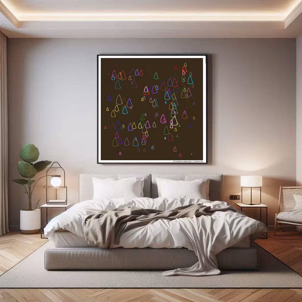 154 droplets on golden sand — a mirage of silk in room setting