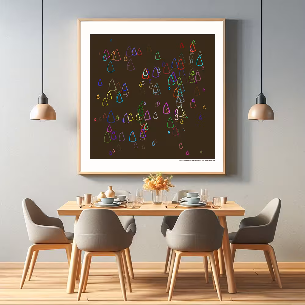 154 droplets on golden sand — a mirage of silk in room setting